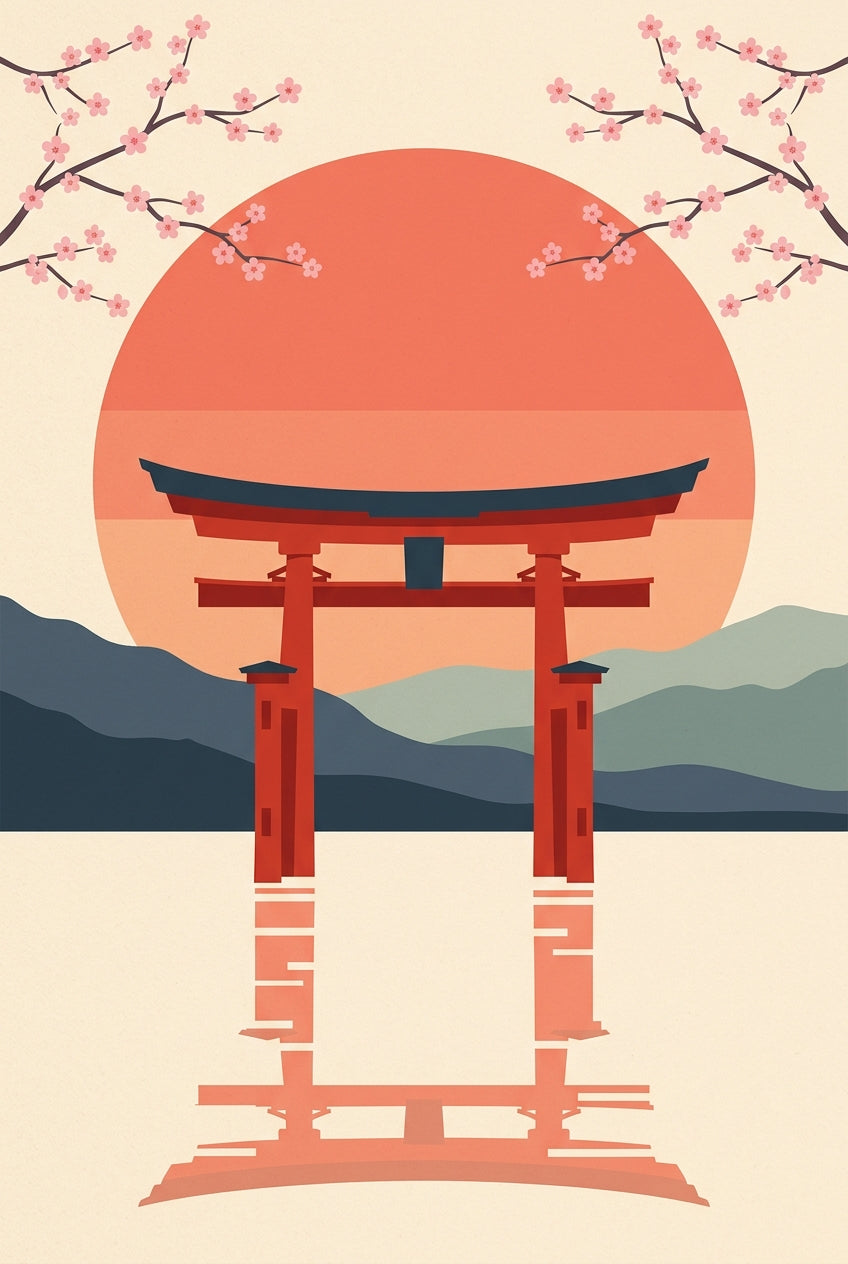 Poster Torii japonais, portail rouge et cerisiers