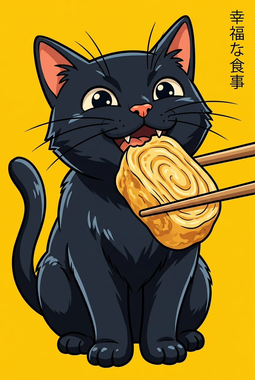 Affiche Chat Japonais, poster chat noir et sushi