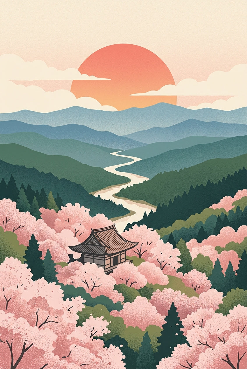 Affiche Paysage Japonais, poster Cerisiers Roses