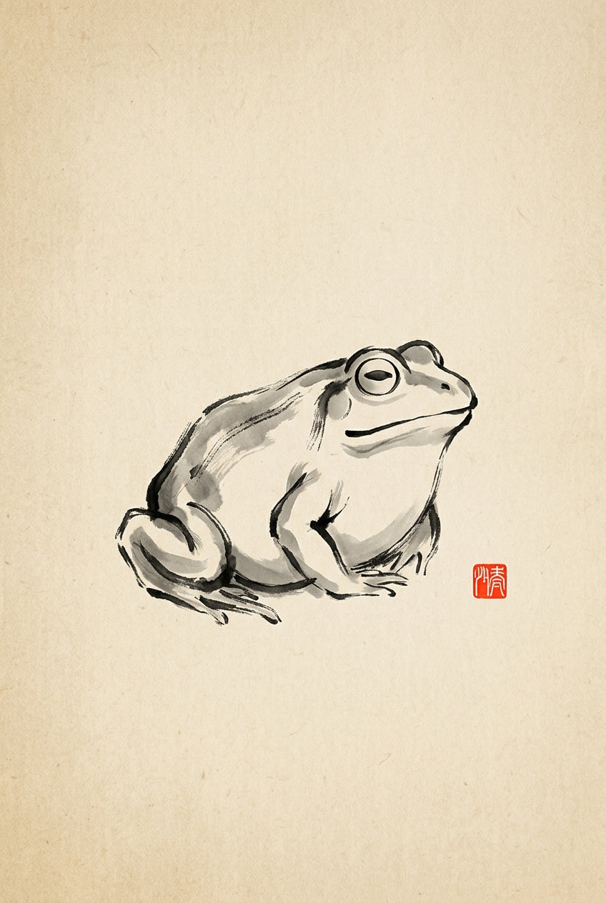 Affiche de grenouille japonaise, poster style sumi-e