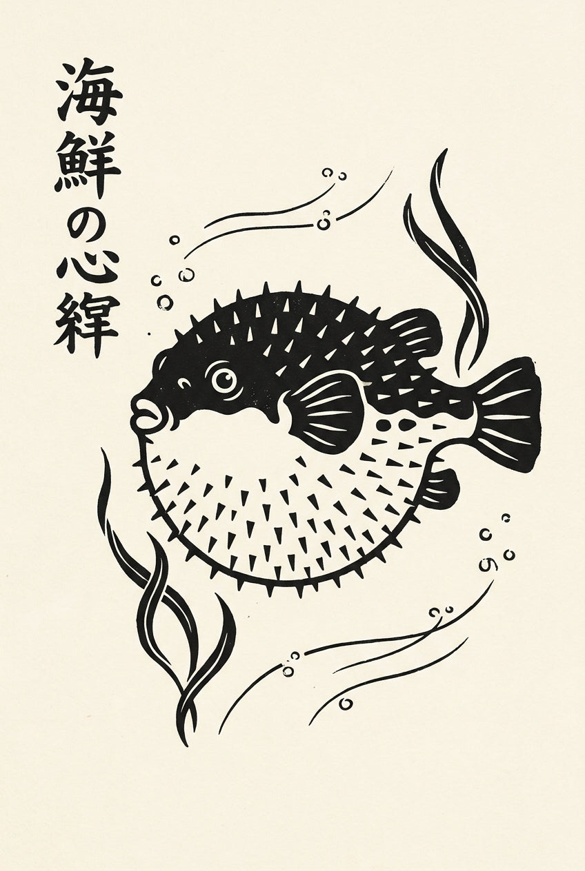 Affiche poisson lune japonais, poster linogravure