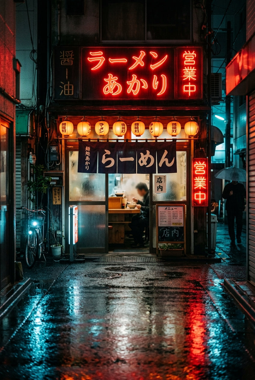 Poster d'un restaurant de ramen, néons rouges