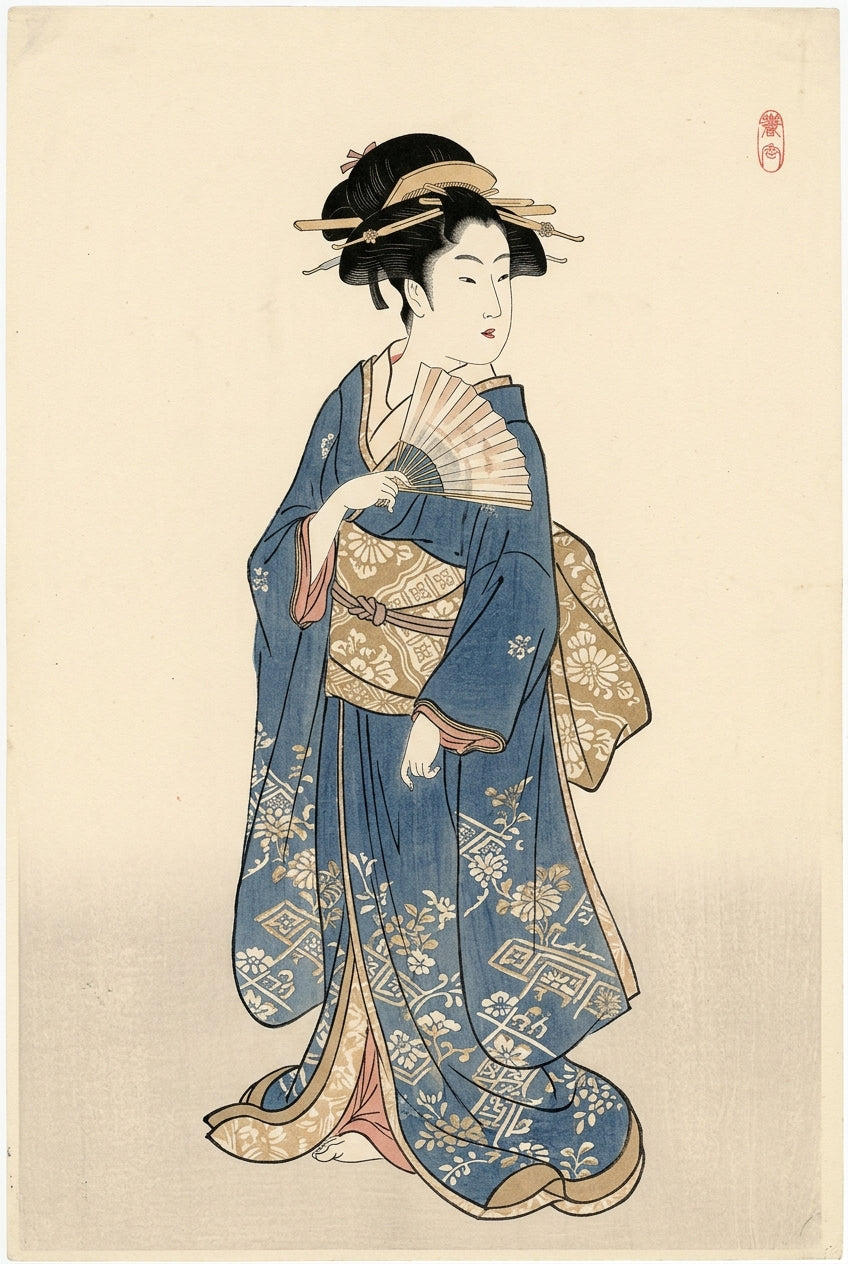 Poster Geisha japonaise, kimono bleu