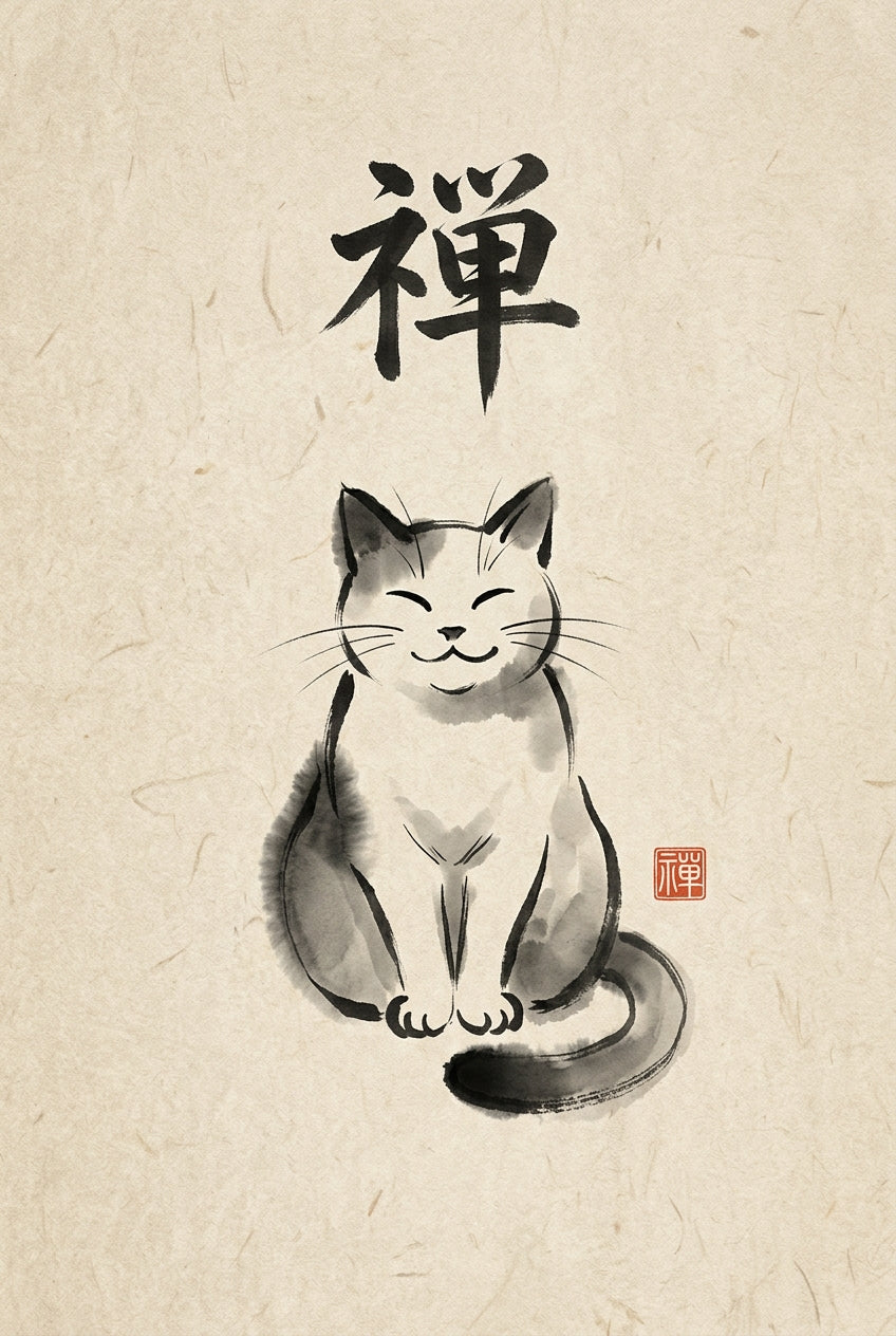 Affiche chat japonais zen, poster encre de chine