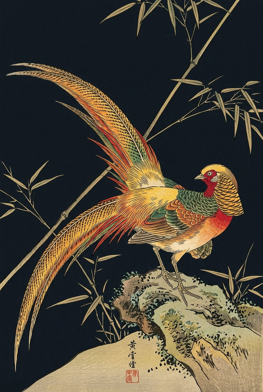 Affiche Faisan doré japonais, poster bambou
