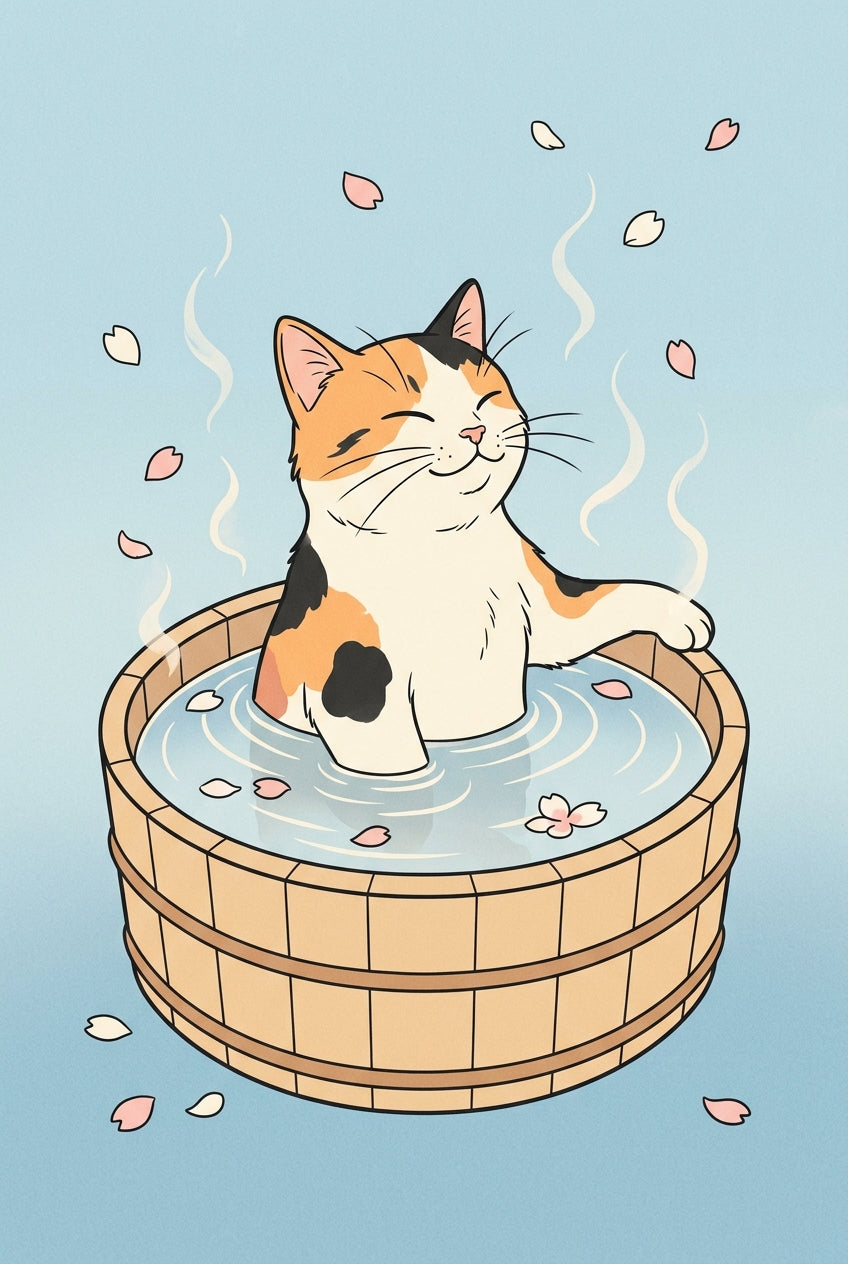 Affiche Chat Japonais Onsen, poster chat calico