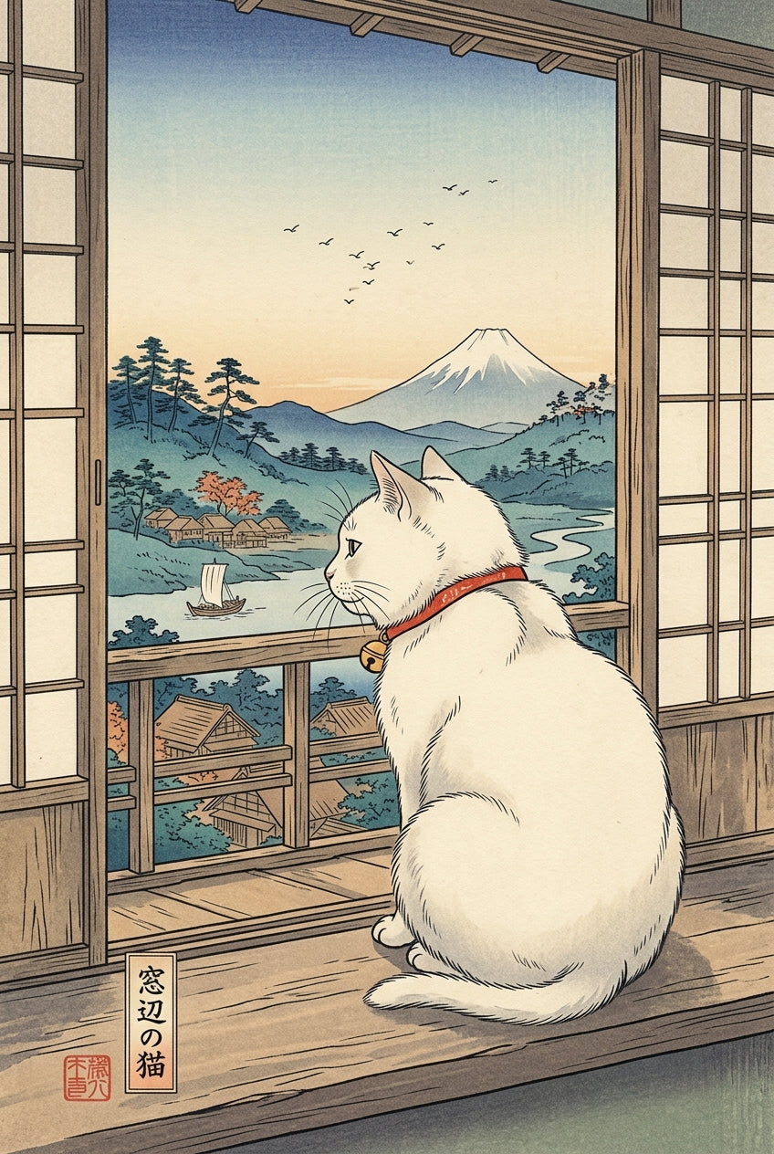 Affiche chat japonais, poster Mont Fuji