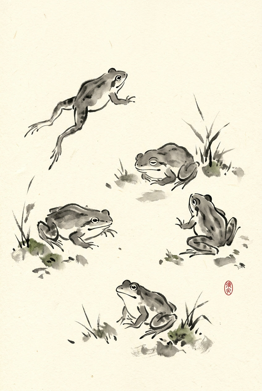 Affiche Grenouilles Japonaises, poster style encre