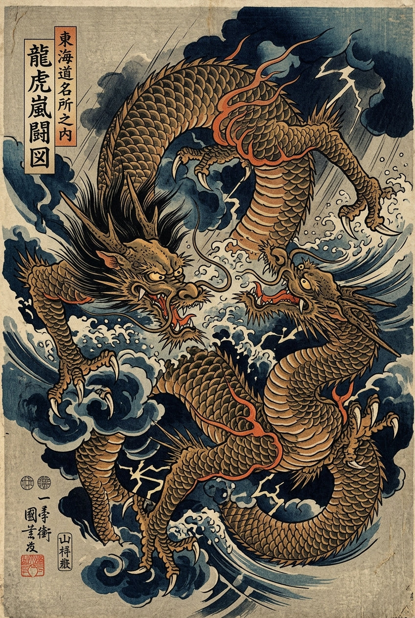 Poster Dragon Japonais, affiche estampe vintage