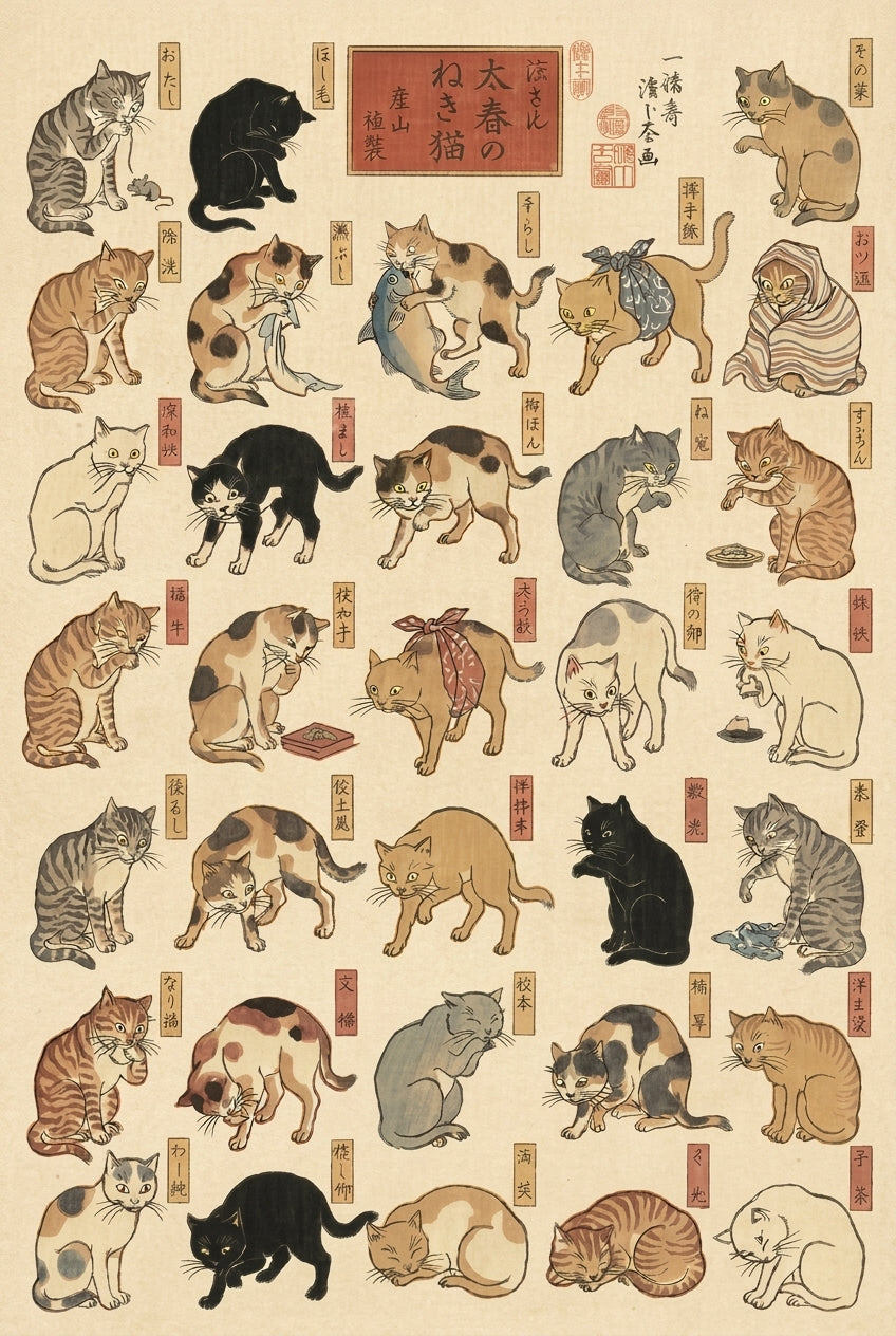 Poster chats japonais, 28 postures Kuniyoshi