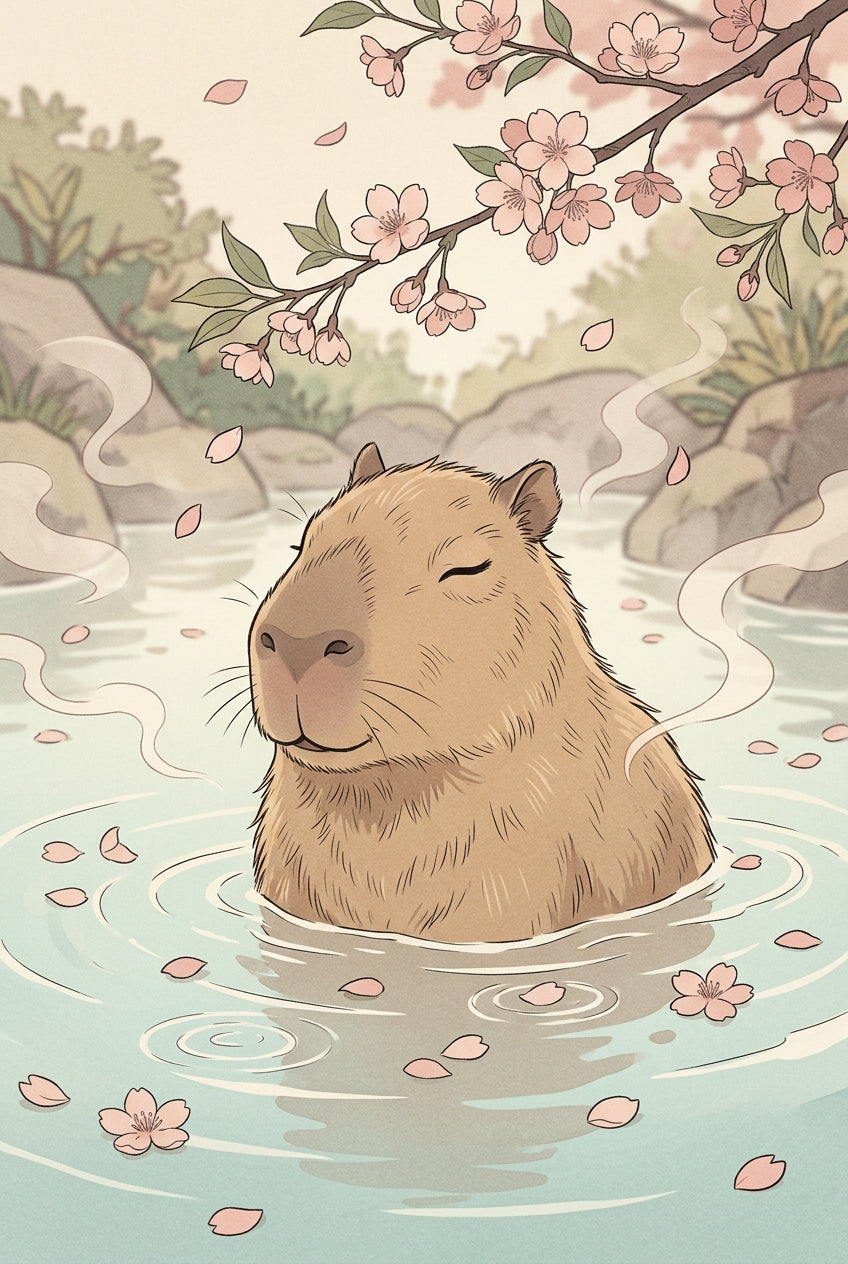 Poster Capybara japonais, poster cerisiers en fleurs