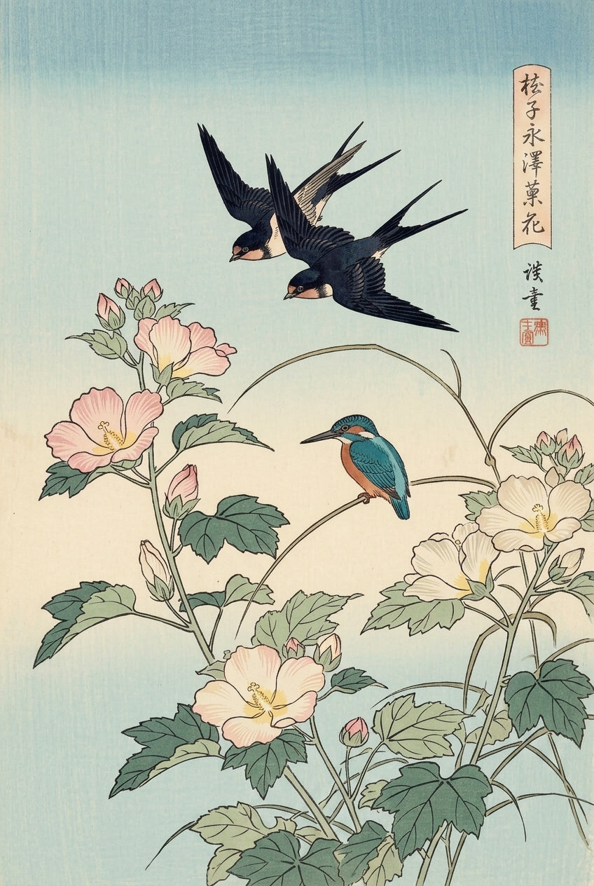 Affiche d'Art Japonais, poster fleurs et oiseaux