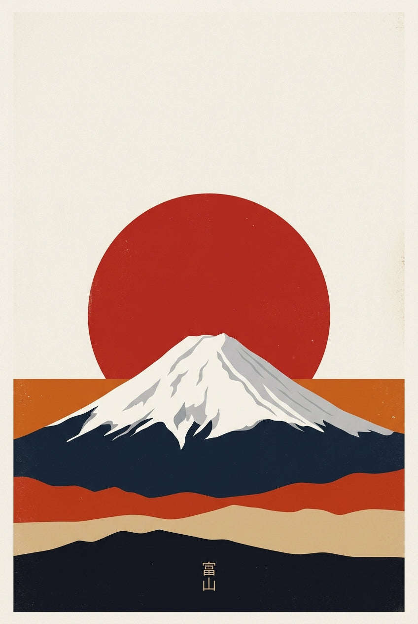 Affiche du Mont Fuji, poster soleil rouge
