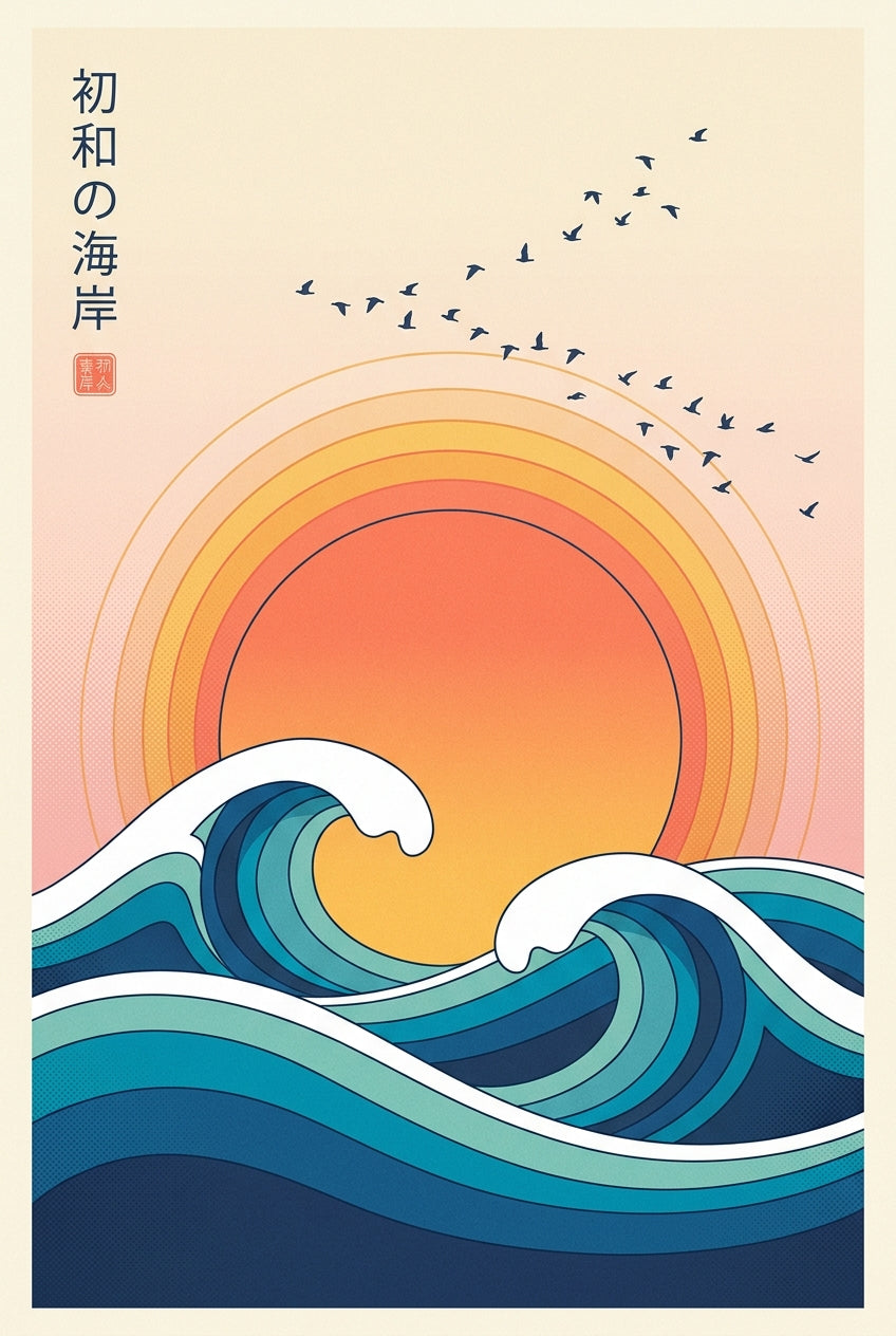Affiche Japon Soleil Levant, poster vagues