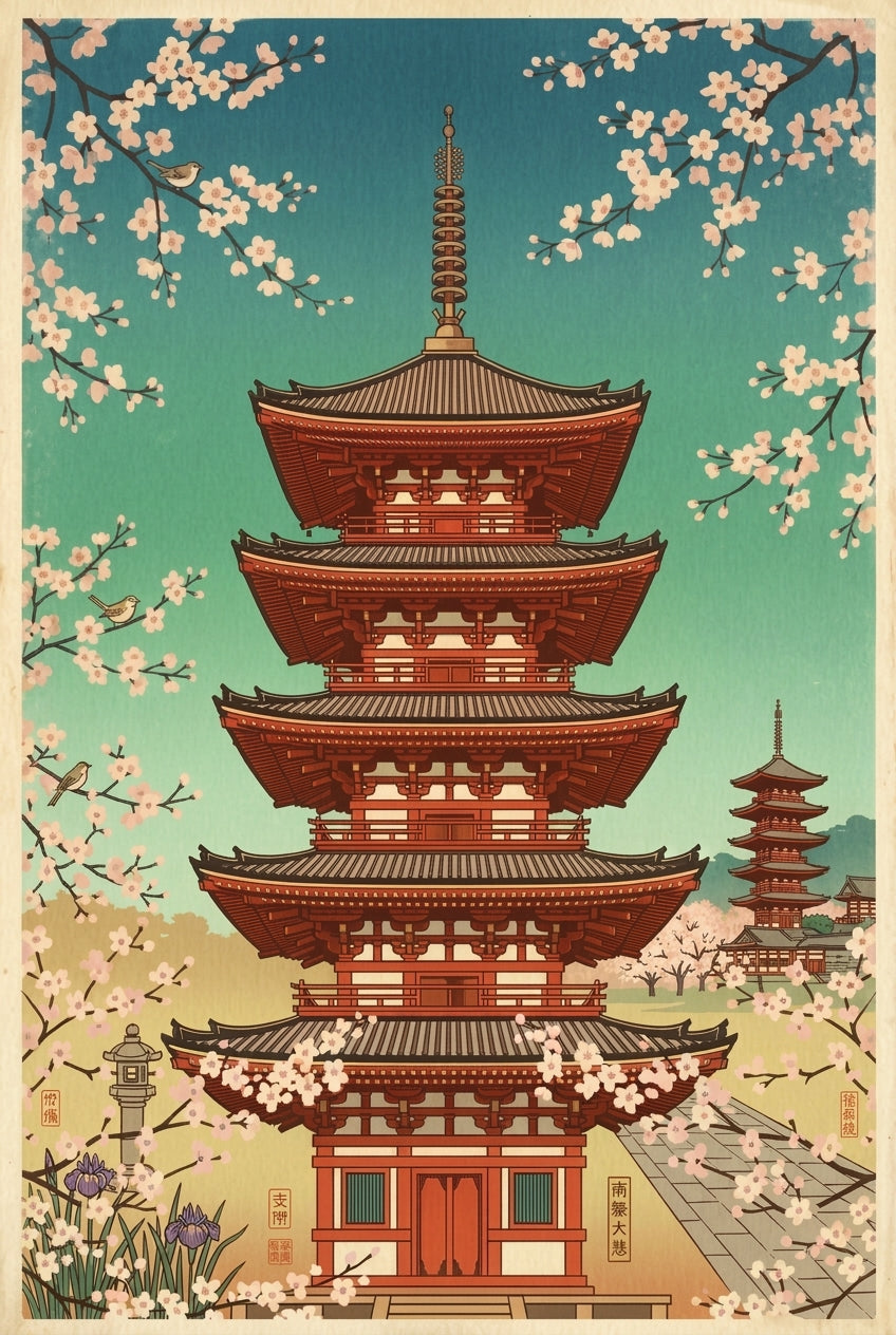Poster Pagode japonaise, cerisiers en fleurs