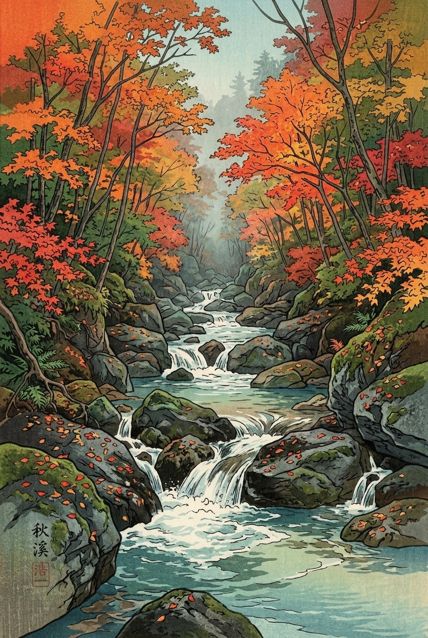 Affiche rivière japonaise en automne, poster déco