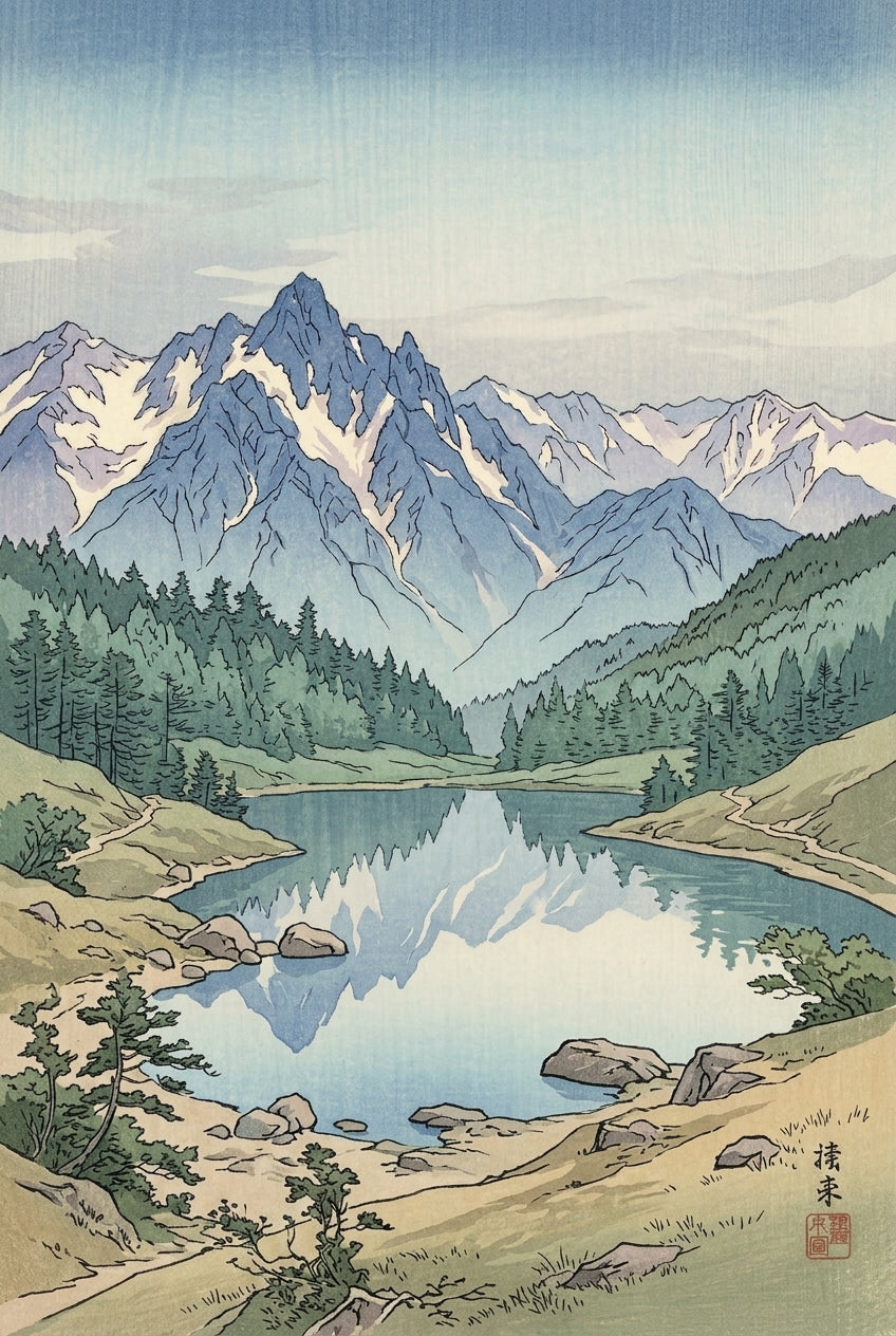 Affiche Montagne Japonaise, poster lac bleu