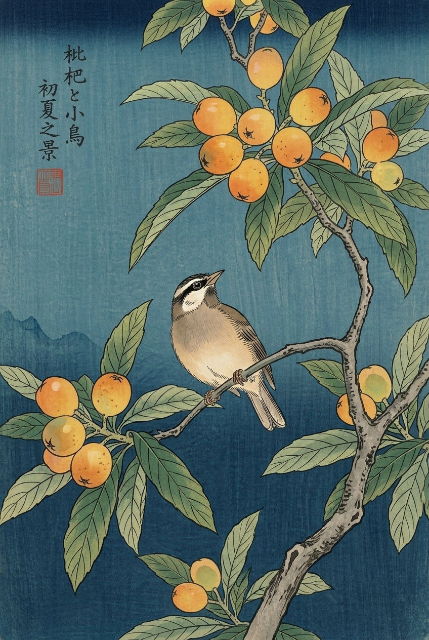 Affiche d'Art Japonais, poster nèfles et oiseau