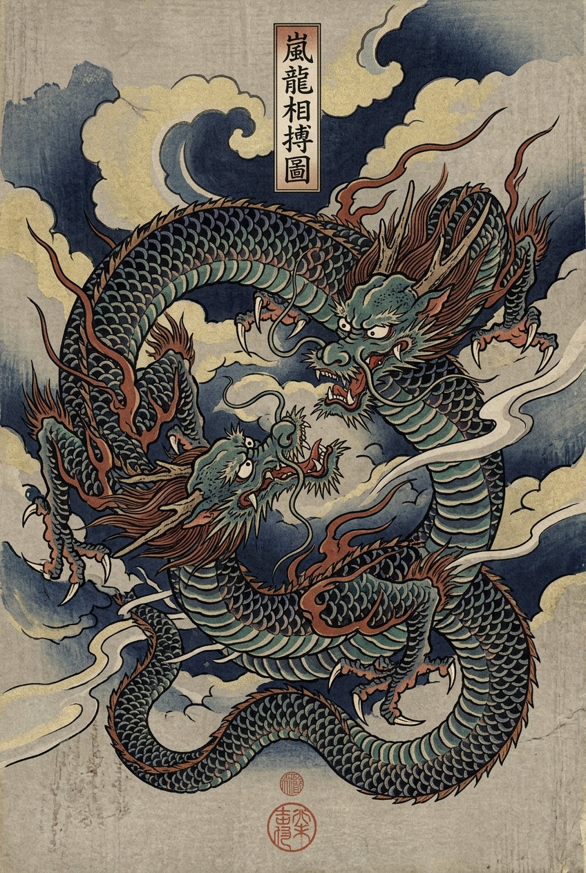 Affiche de dragons japonais, poster dragons ukiyo-e