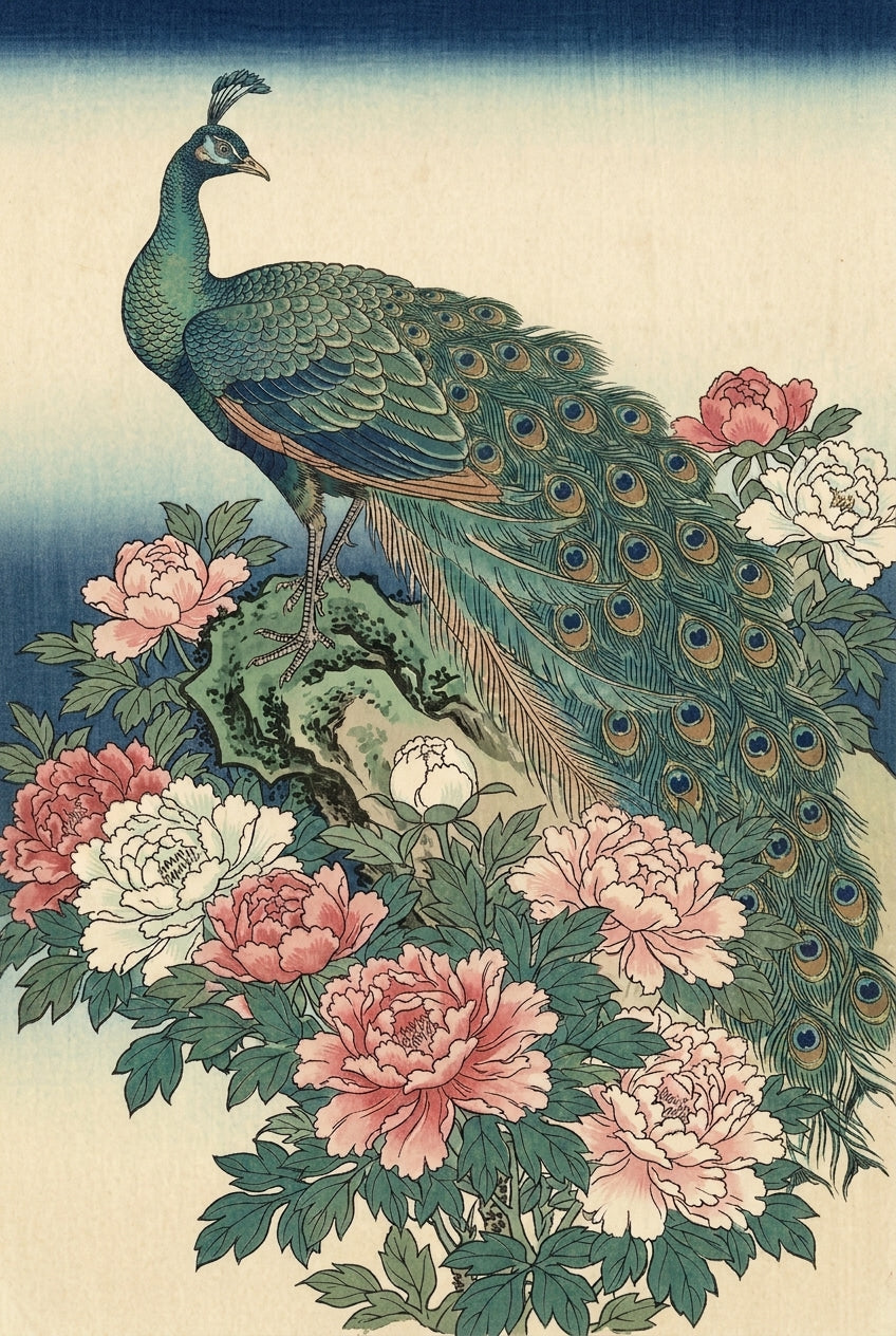 Affiche de paon japonais, poster pivoines roses