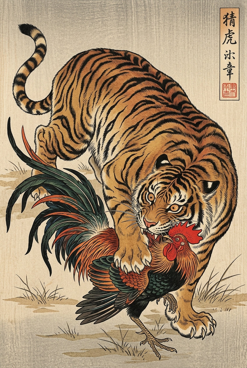 Poster Tigre et Coq, estampe japonaise vintage