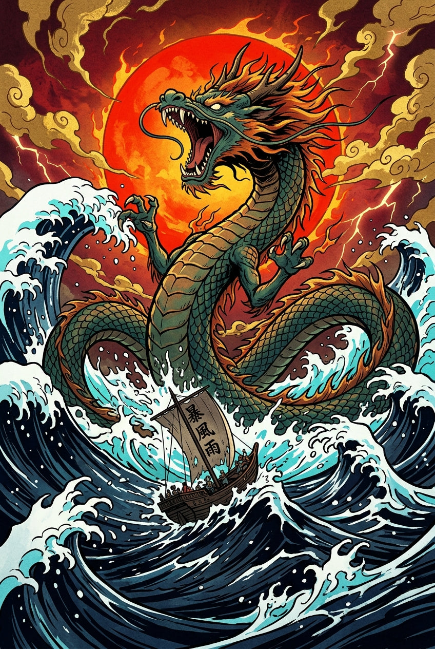 Affiche Dragon Japonais, poster vagues et soleil