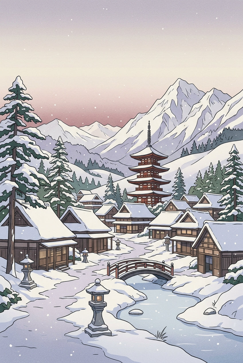 Poster Village Japonais sous la neige, pagode