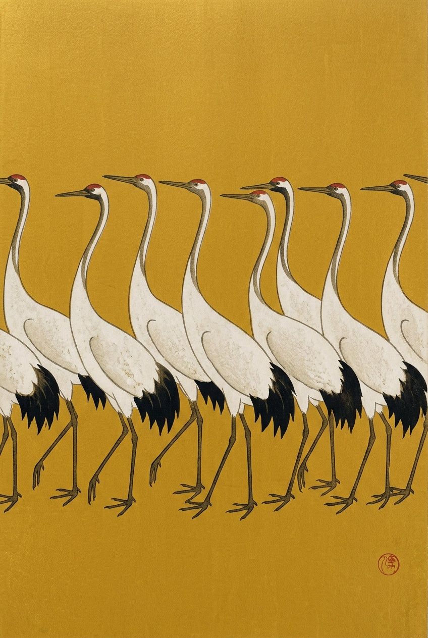 Affiche grues japonaises, poster fond doré