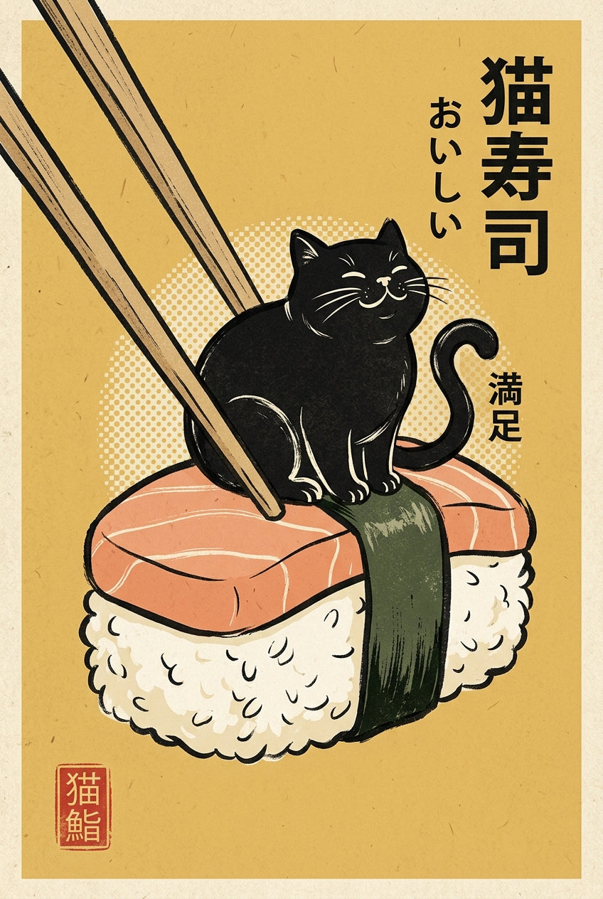 Poster Chat Sushi, art japonais vintage