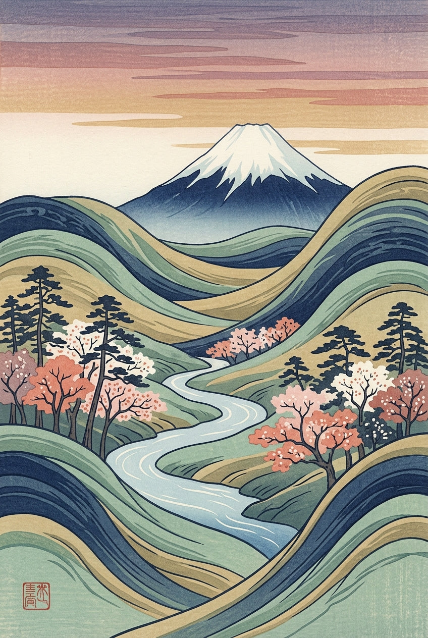 Affiche du Mont Fuji, poster cerisiers en fleurs