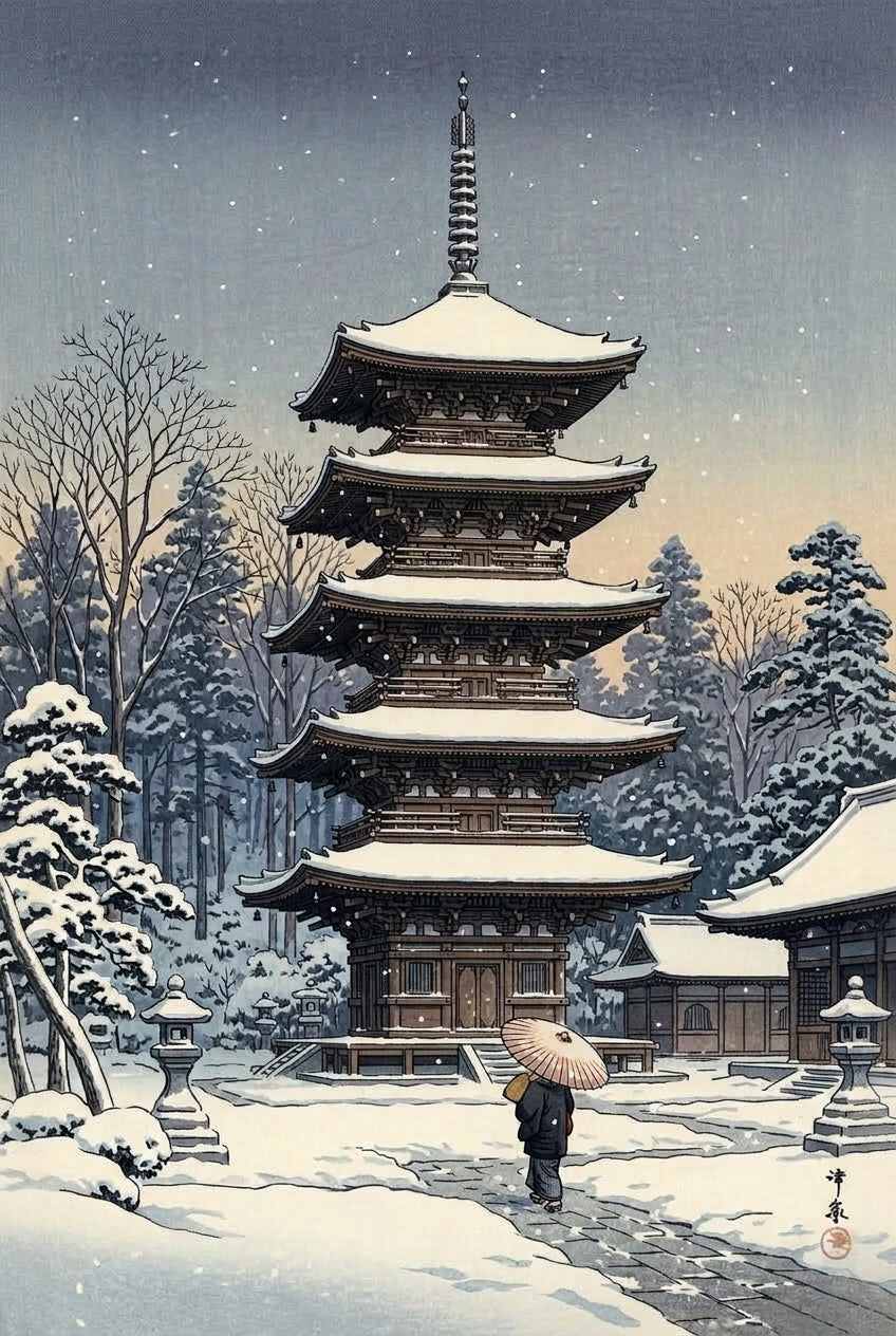 Affiche Pagode sous la neige, poster japonais