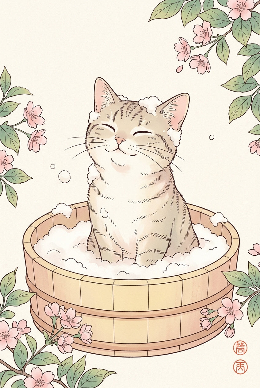Affiche Chat japonais, poster cerisiers