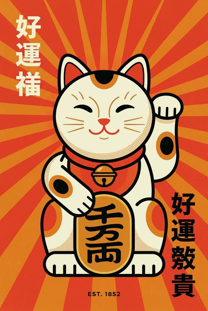 Affiche Maneki-neko japonais, chat porte-bonheur