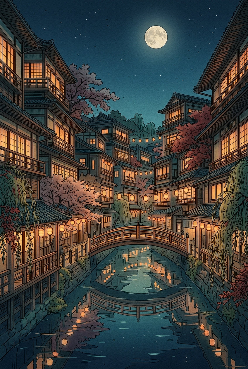Affiche Village Japonais, poster pont de nuit