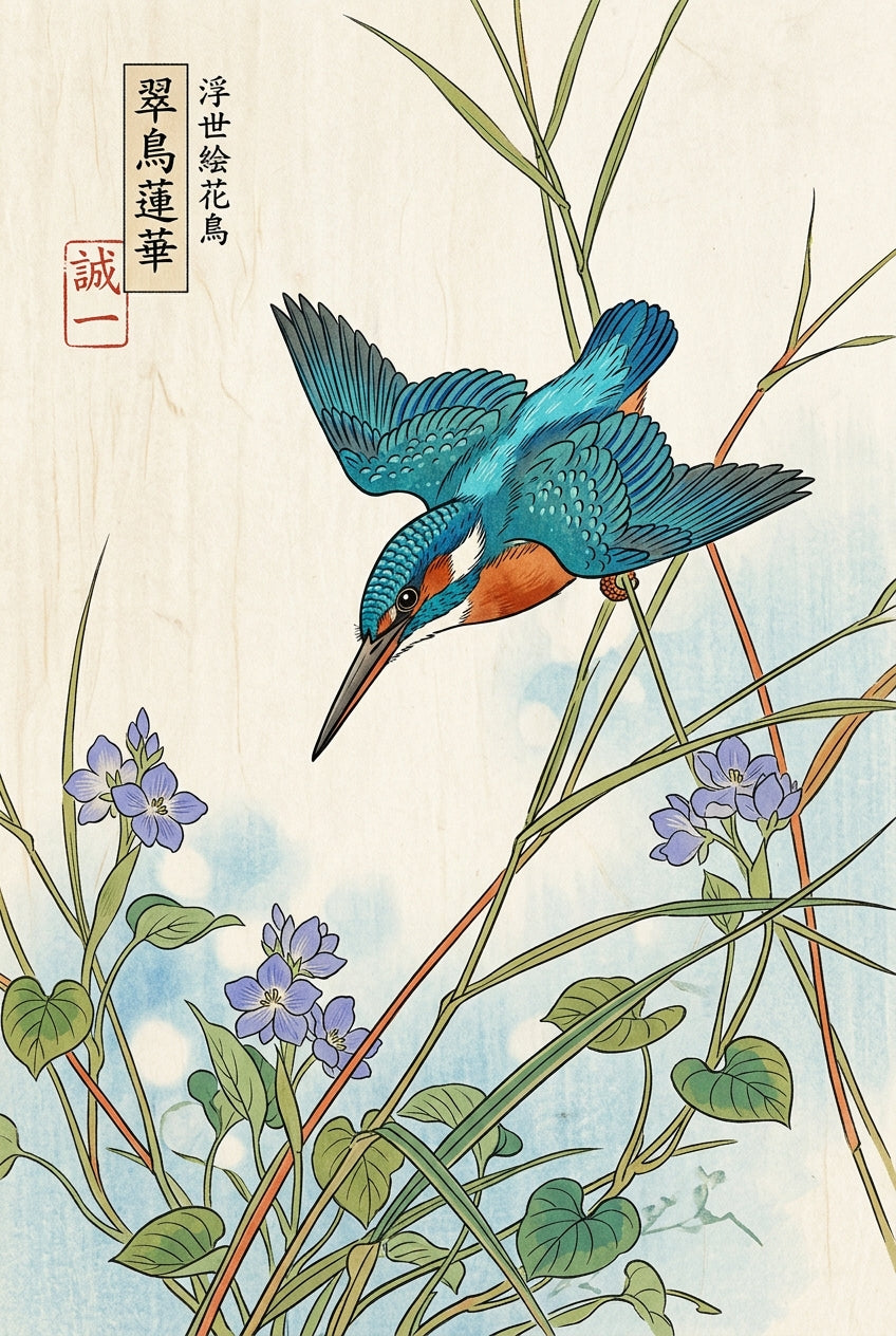 Affiche Martin-pêcheur, poster art japonais