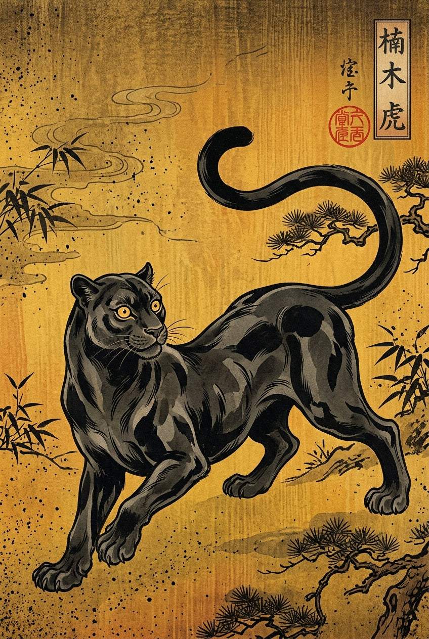 Affiche Panthère noire, poster style Ukiyo-e