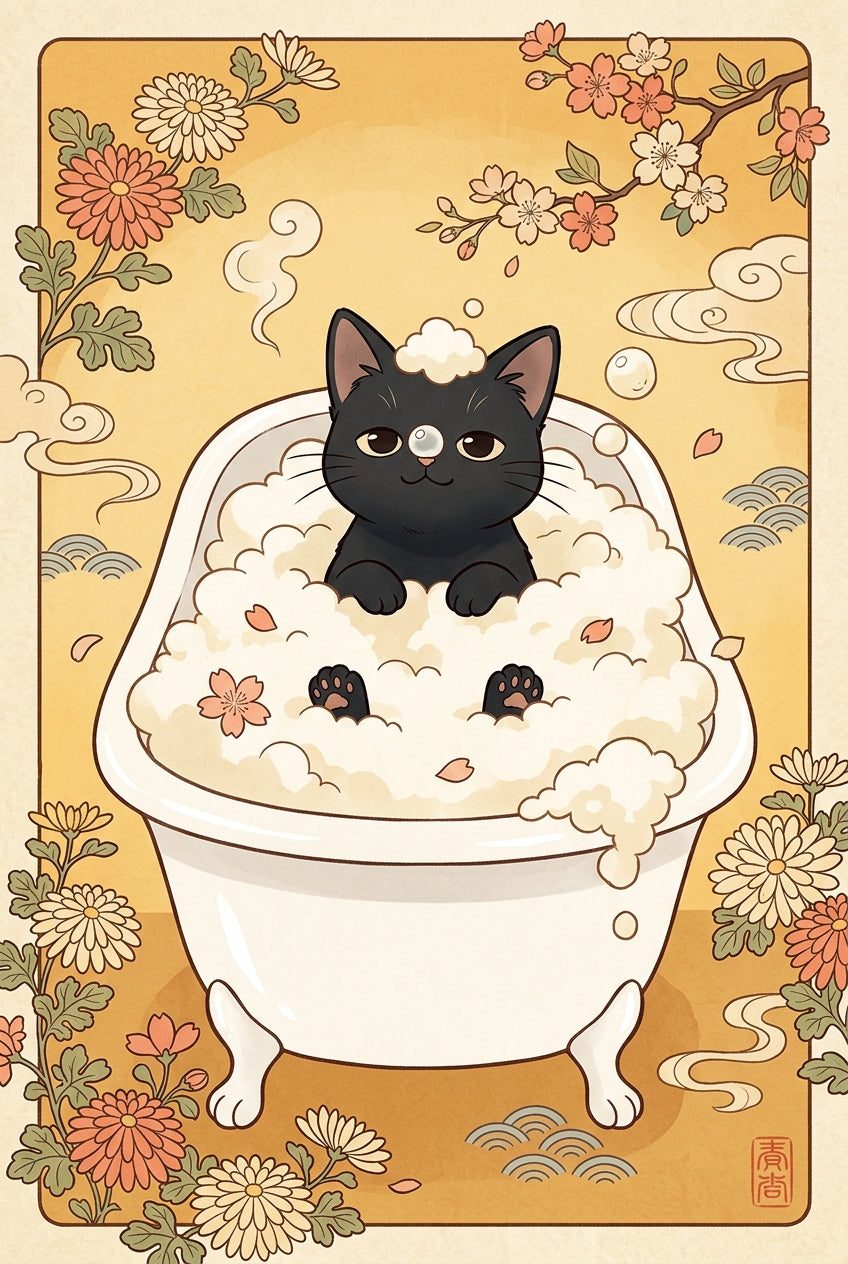Poster Chat Japonais, poster bain aux fleurs