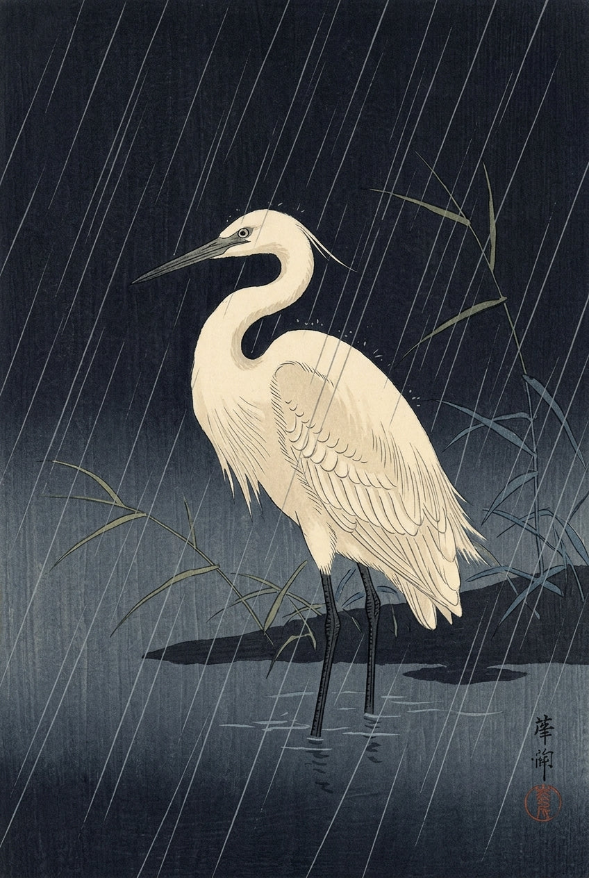 Affiche Héron sous la pluie, poster art japonais