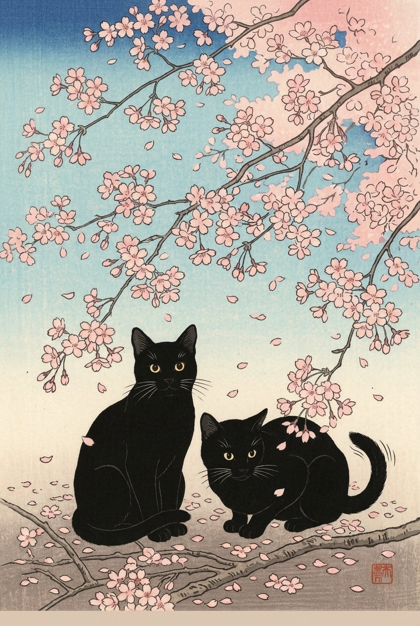 Affiche chats noirs et cerisiers japonais, poster fleurs