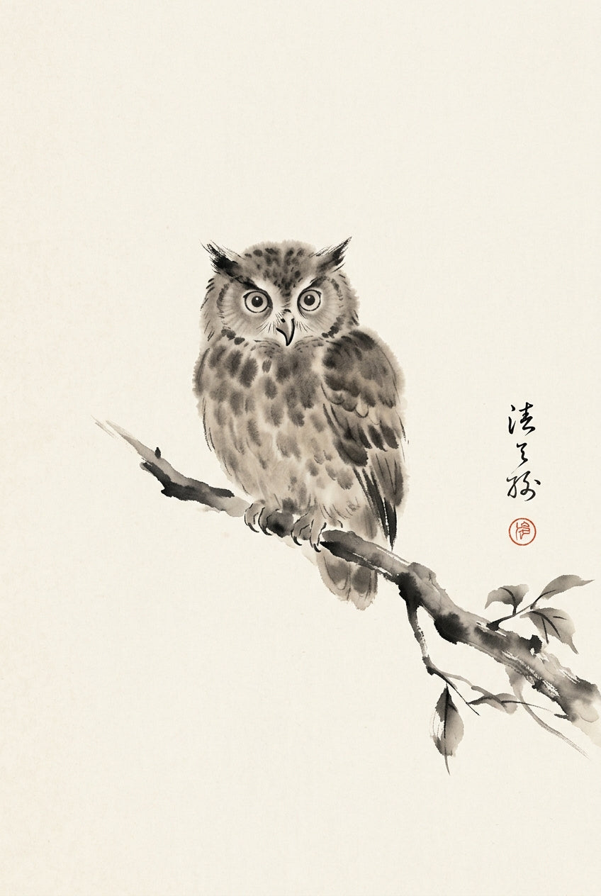 Affiche Hibou japonais, poster à l'encre