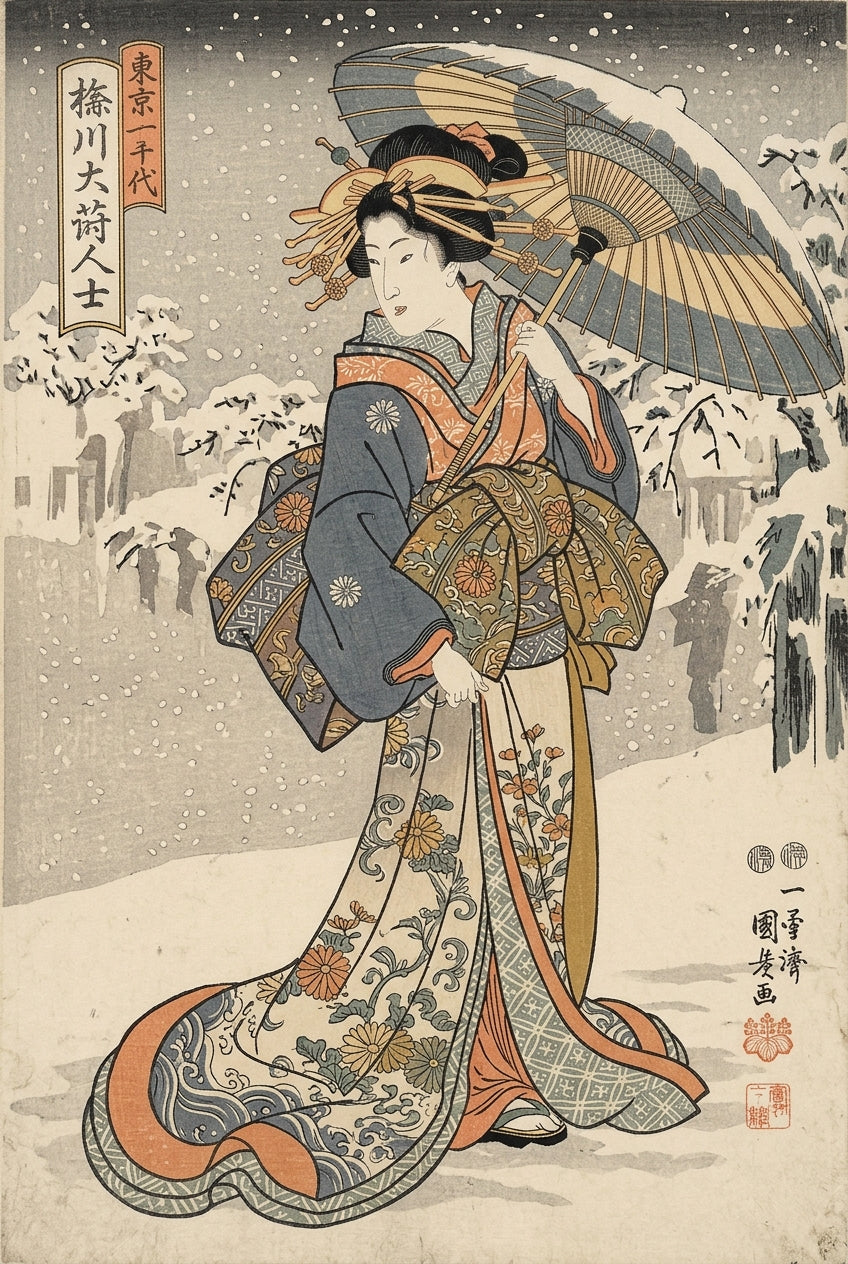 Poster Geisha sous la neige, estampe japonaise
