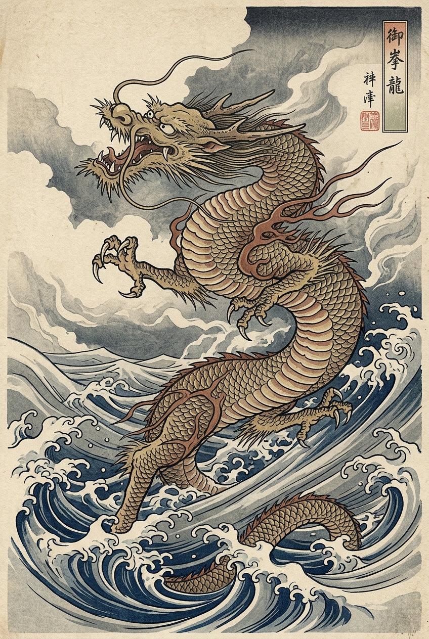 Affiche de dragon japonais, poster vagues