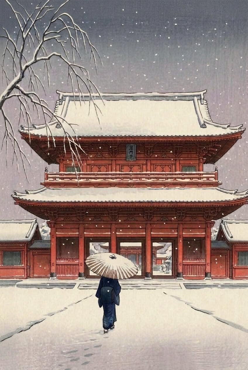 Affiche temple japonais sous la neige, poster Japon