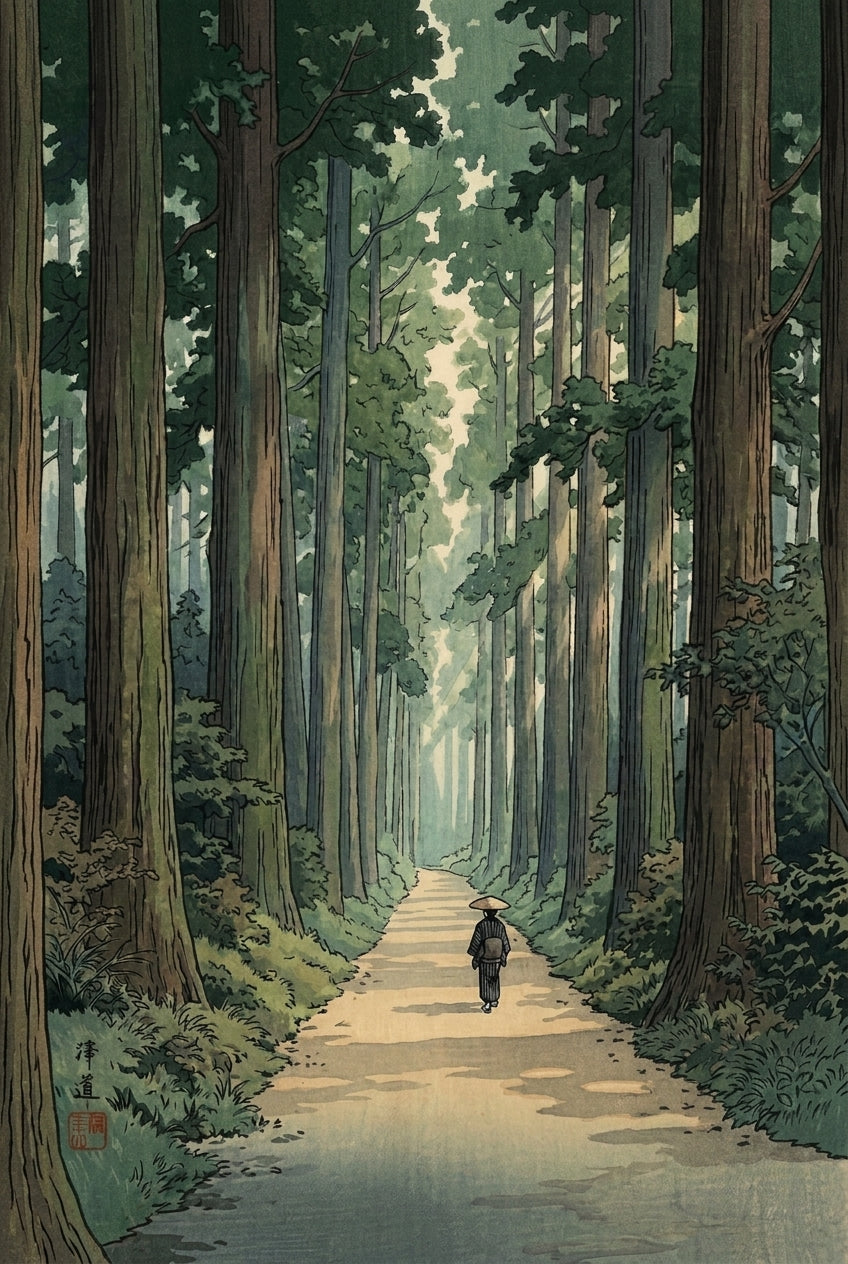 Affiche de forêt japonaise, poster cèdres anciens