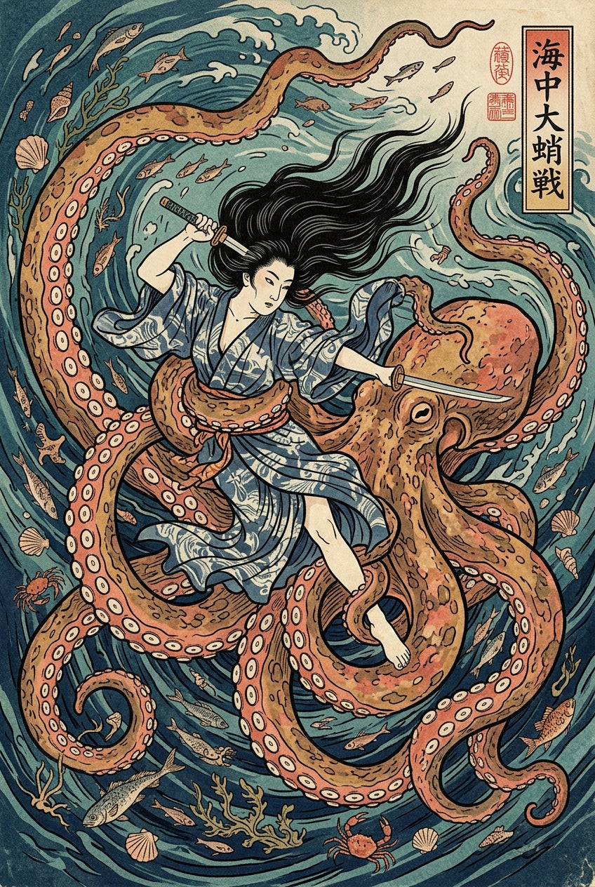 Affiche Samouraï et Pieuvre, poster Art Japonais