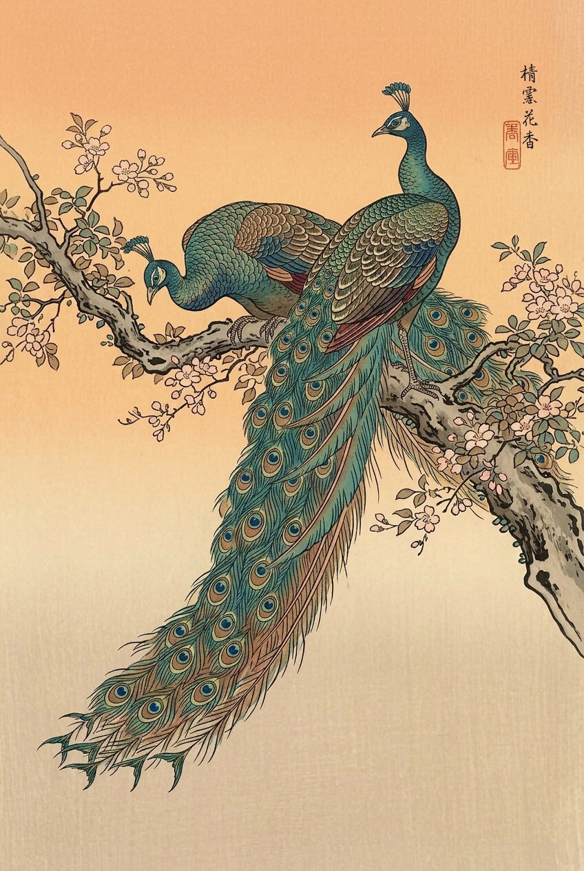 Affiche de Paons Japonais, poster fleurs de cerisier