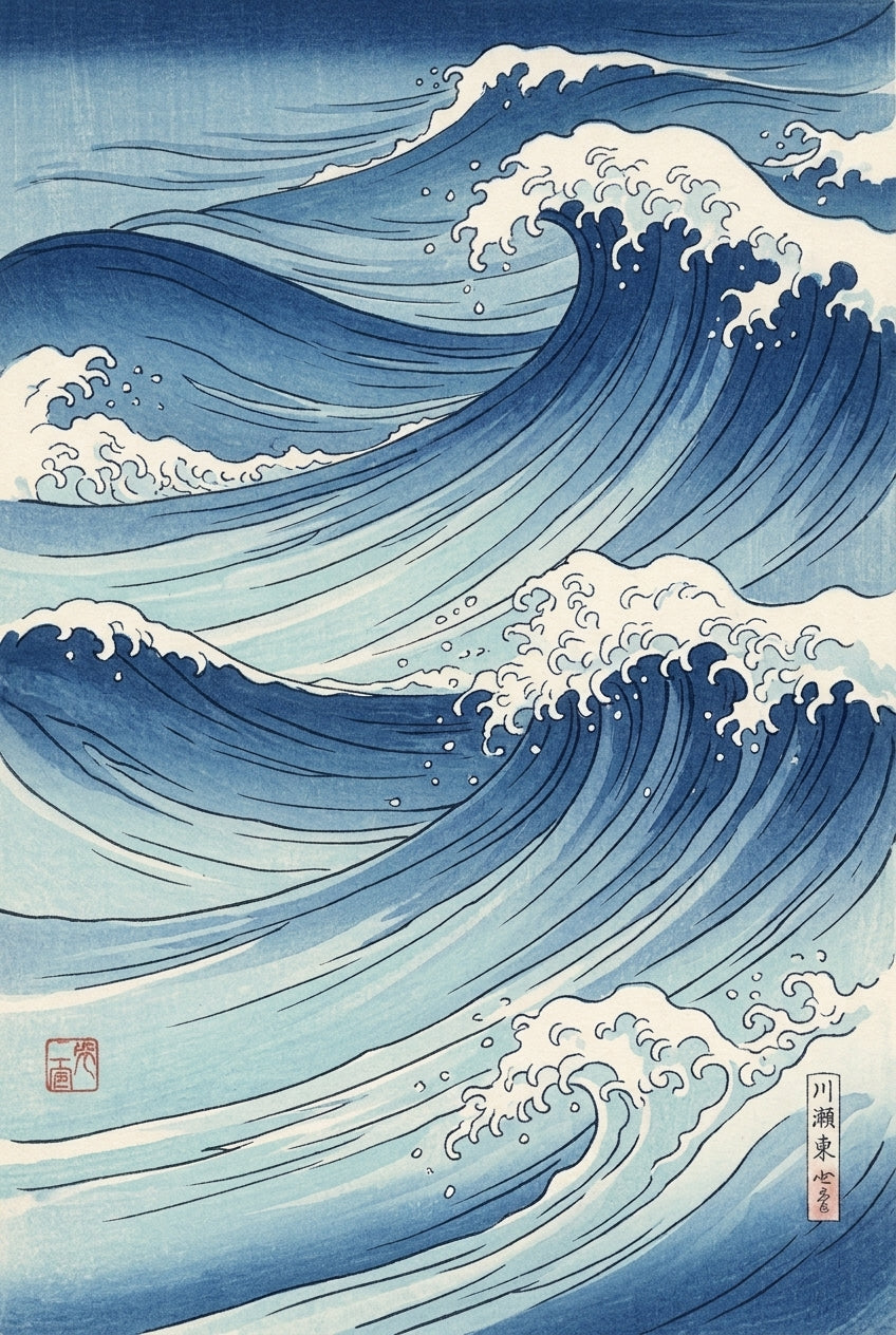 Affiche vagues japonaises, poster bleu et blanc