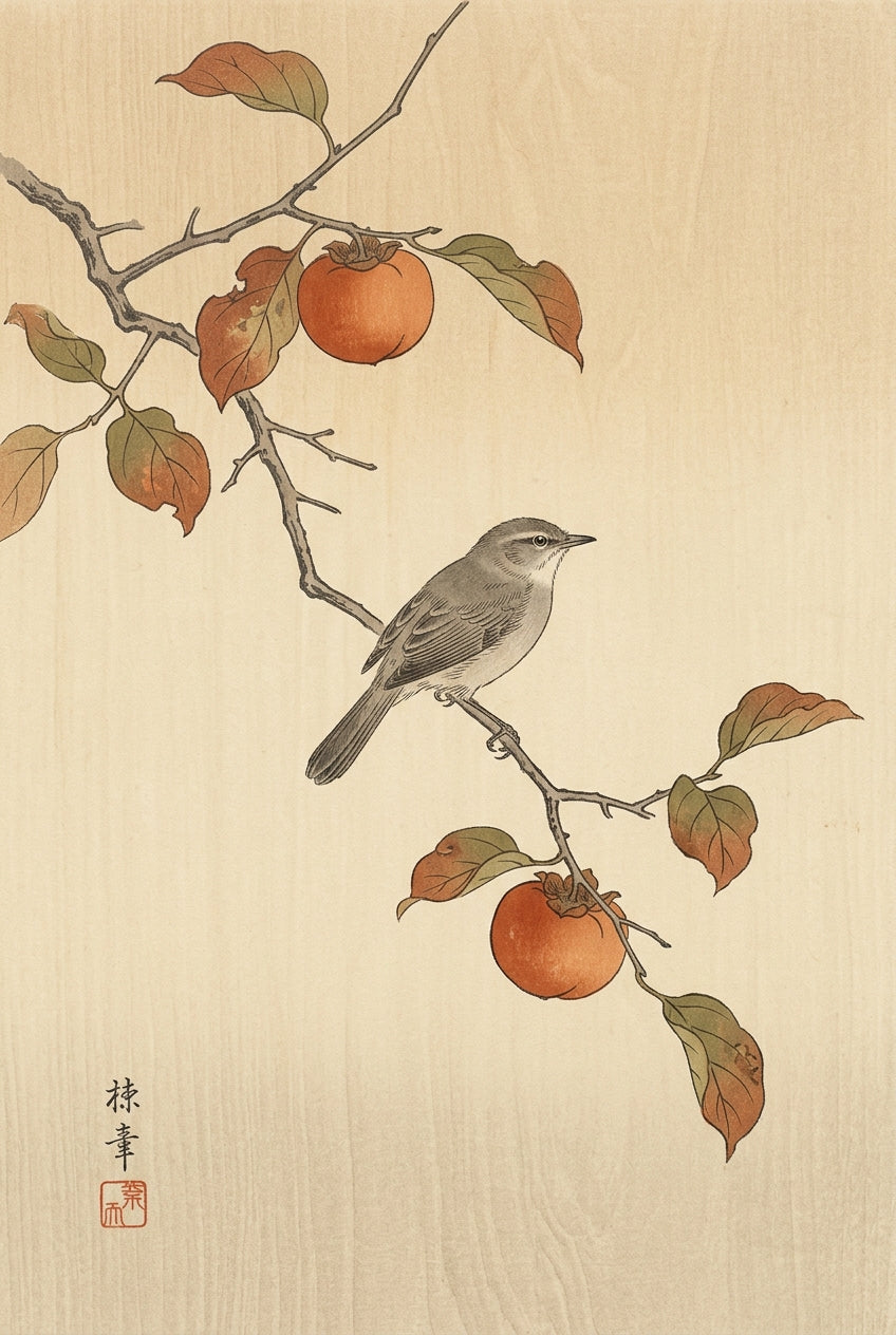 Poster d'oiseau japonais sur un plaqueminier