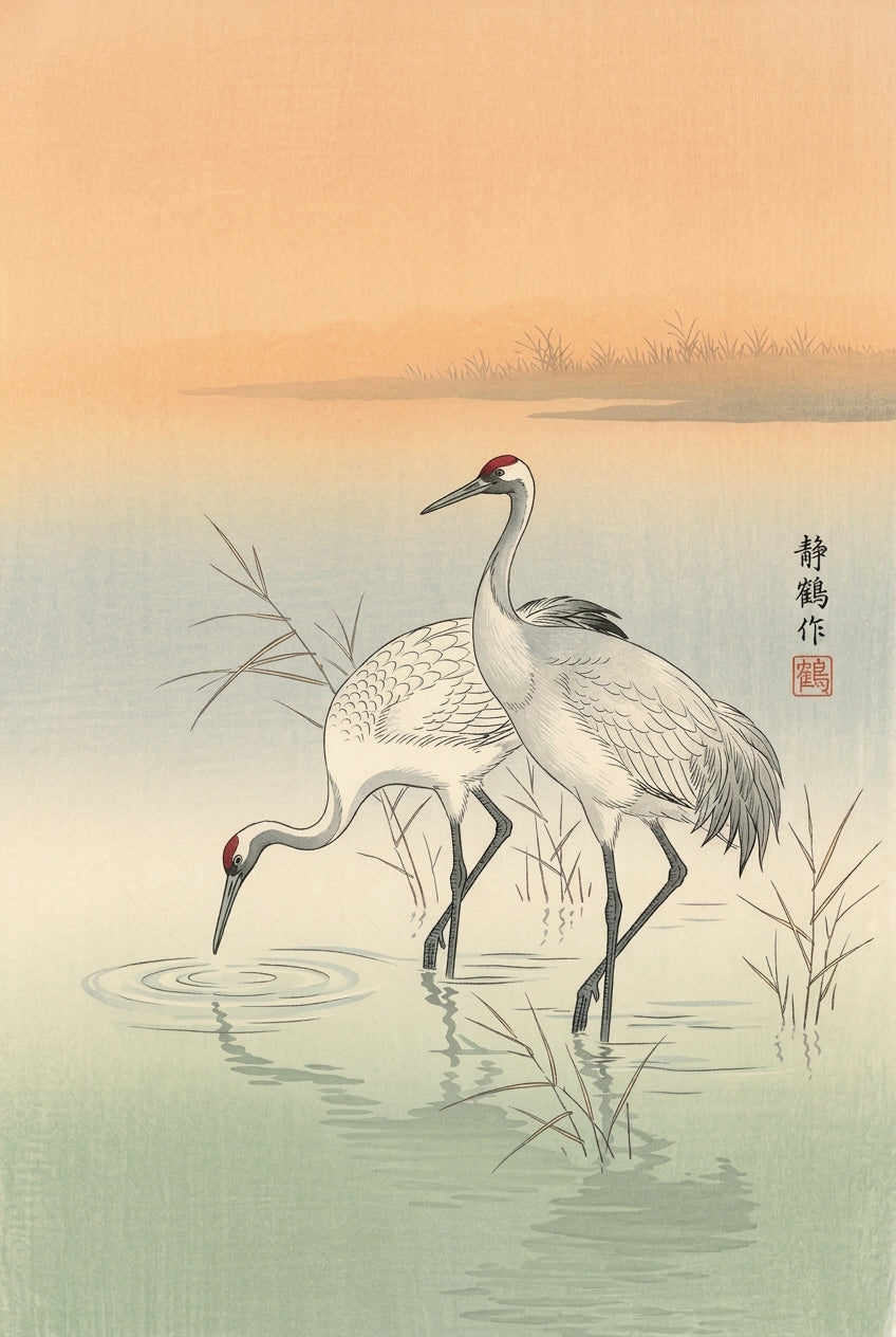 Affiche de grues japonaises, poster art vintage