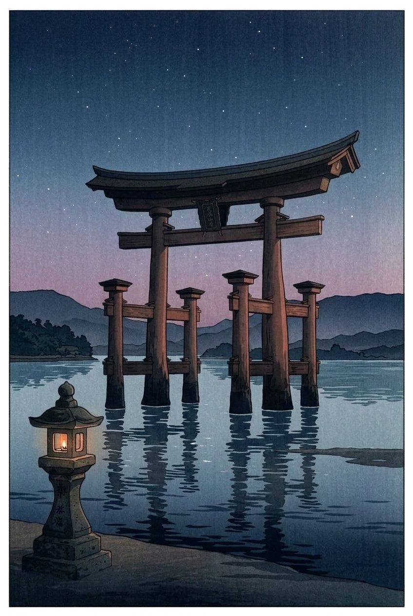 Affiche du Torii de Miyajima, poster nuit étoilée